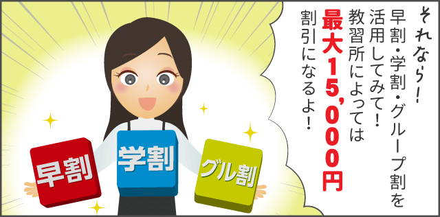 「それなら！早割・学割・グループ割を活用してみて！最大15,000円割引になるよ 」