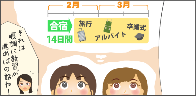 「14日で卒業できるなら2月上旬に入校したら2月の中旬に卒業できるね」